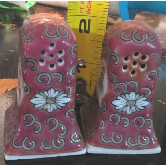 3 pc Vintage Asian Ceramic Salt & Pepper Shakers Toothpick Holder Pink Floral - Picture 6 of 11